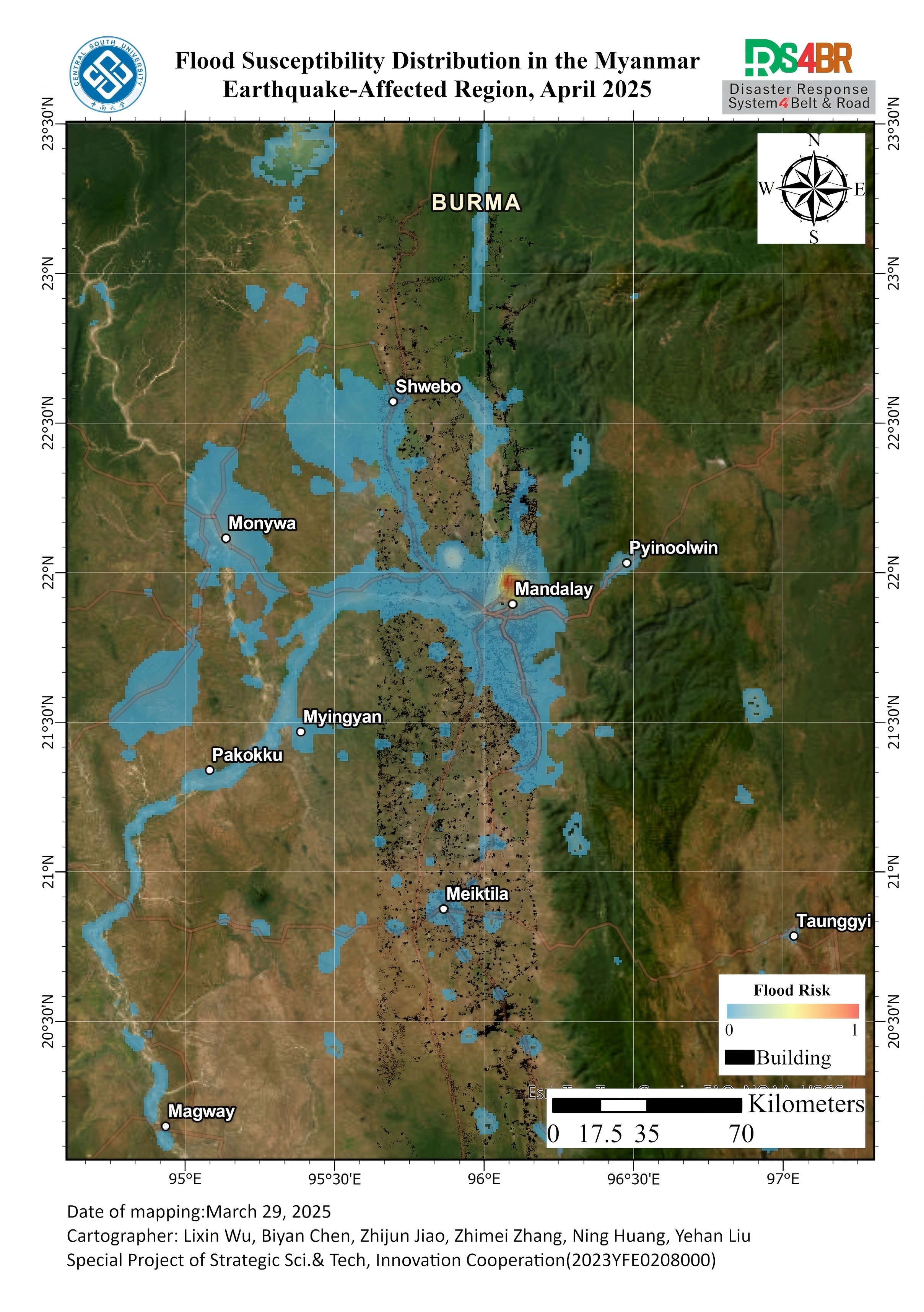 Flood Risk Distribution in the Myanmar Earthquake-Affected Region, April 2025